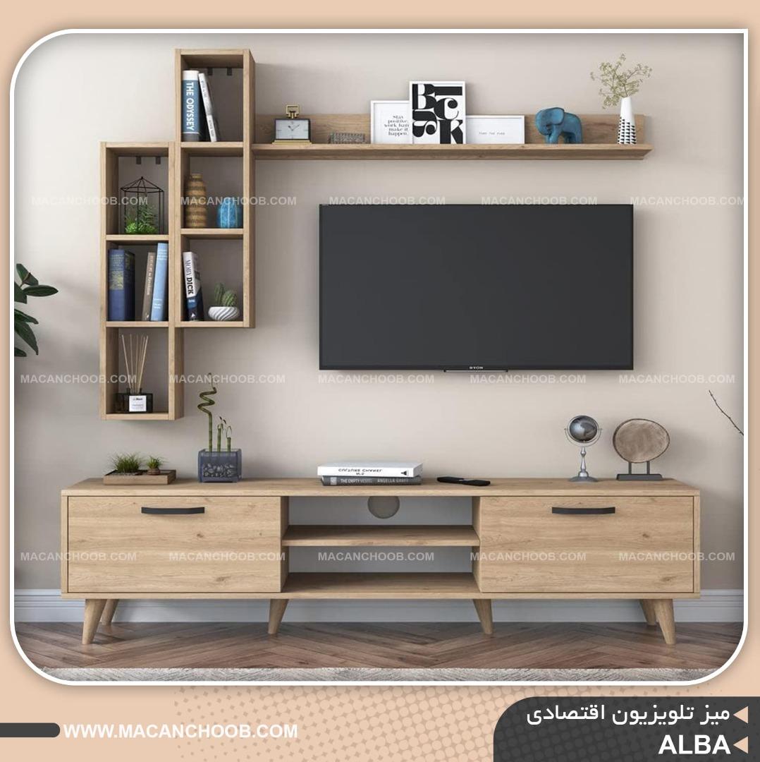 میز تلویزیون عرض 180 پایه چوبی درب و قفسه دار مدل ALBA