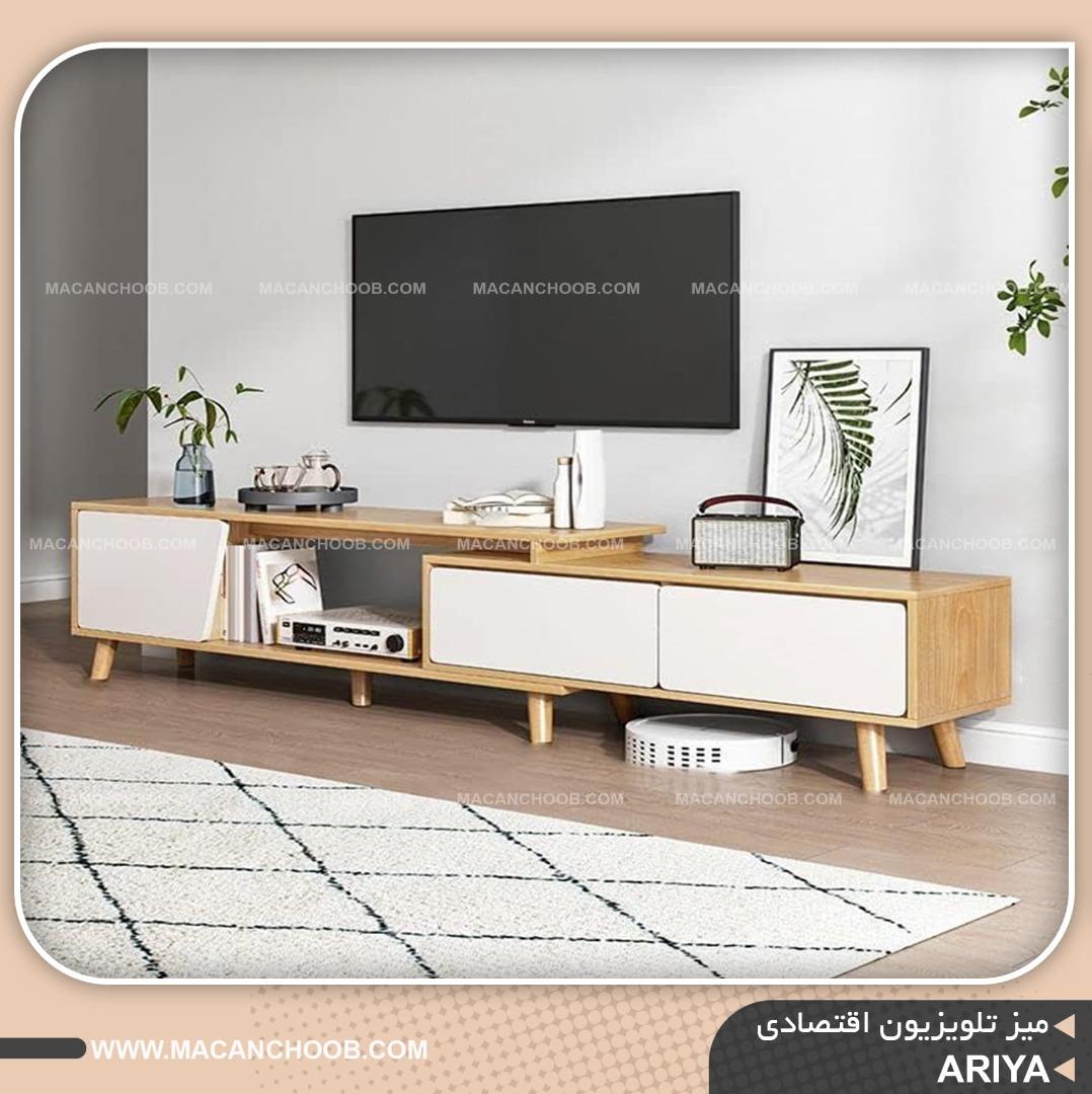 میز تلویزیون متحرک 2 متری پایه مخروطی درب کمدی و قفسه دار مدل ARIYA