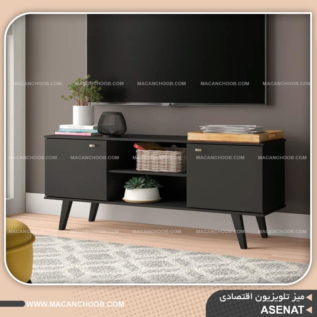 میز تلویزیون پایه چوبی قفسه دار و درب دار ساده مدل ASENAT