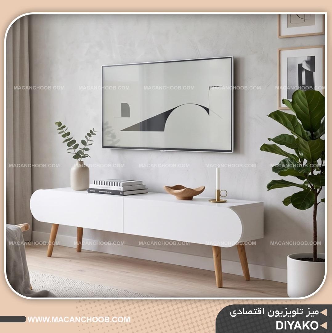 میز تلویزیون رادیویی حاشیه گرد پایه مخروطی چوبی 2 درب مدل DIYAKO