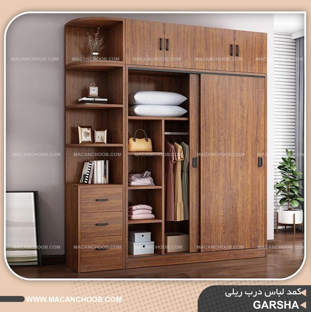 کمد لباس درب ریلی اشکاف، قفسه و کشو دار مدل GARSHA