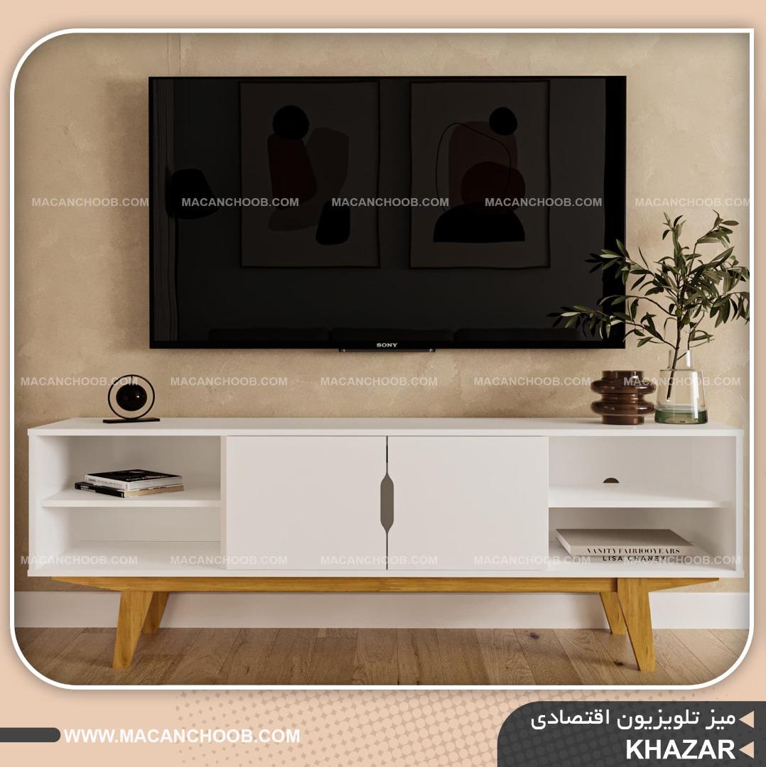 میز تلویزیون کلاف نگهدارنده چوبی قفسه دار دستگیره مخفی مدل KHAZAR