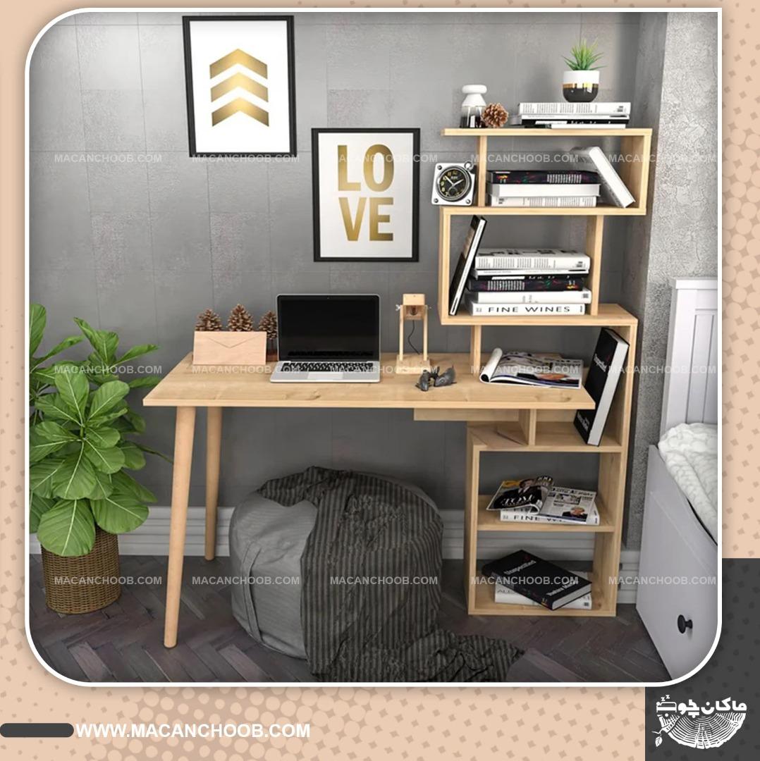 میز کامپیوتر پایه چوبی خراطی شده با کتابخانه متصل مدل LOVE