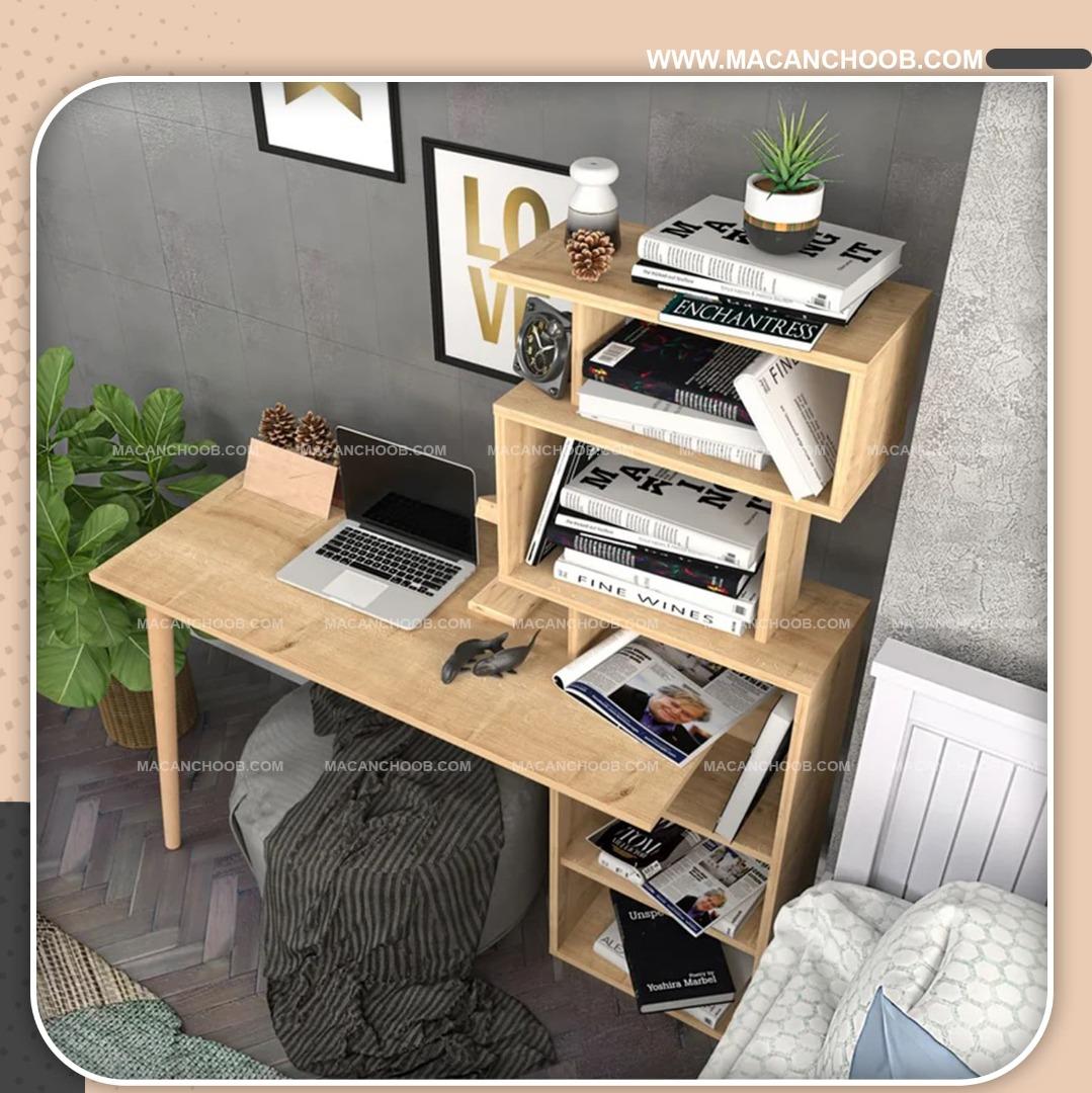 میز کامپیوتر پایه چوبی خراطی شده با کتابخانه متصل مدل LOVE
