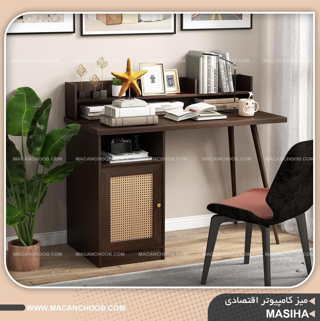 میز کامپیوتر پایه چوبی کتابخانه دار درب حصیر بامبو مدل MASIHA