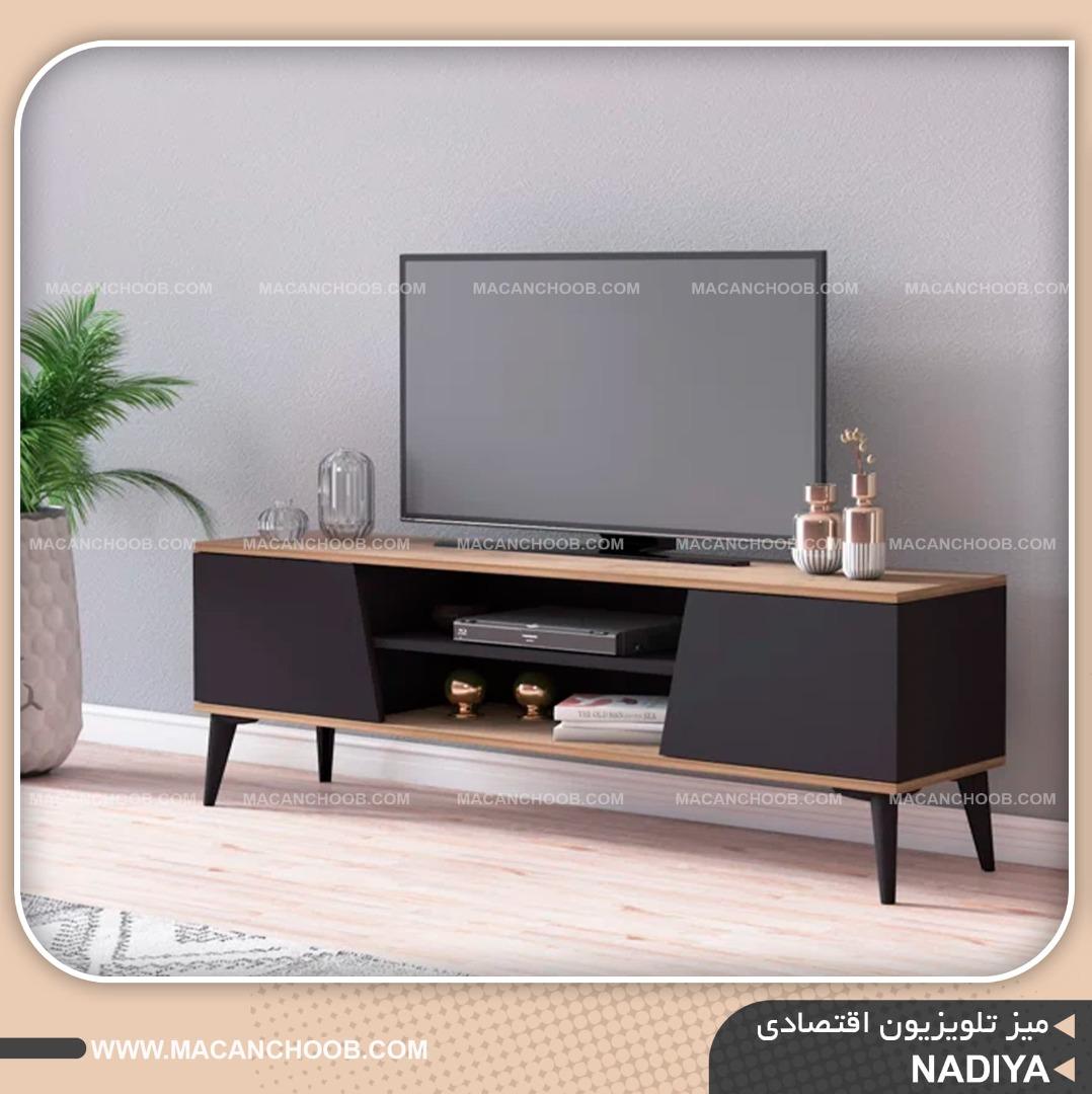 میز تلویزیون عرض 150 پایه چوبی درب و قفسه دار مدل NADIYA