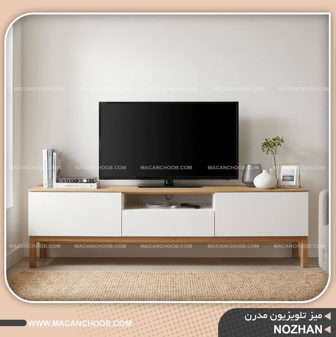 میز تلویزیون مینیمال مدرن با صفحه تمام روکش چوب مدل NOZHAN