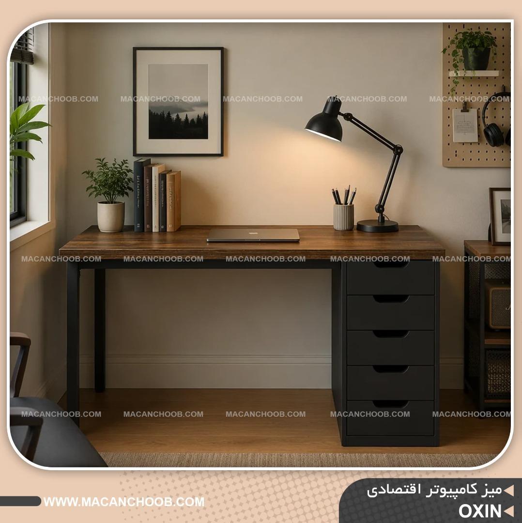 میز کامپیوتر کشو دار صفحه دوبل شده پایه چوبی استوانه ای مدل OXIN