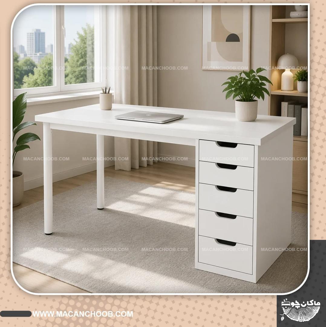میز کامپیوتر کشو دار صفحه دوبل شده پایه چوبی استوانه ای مدل OXIN