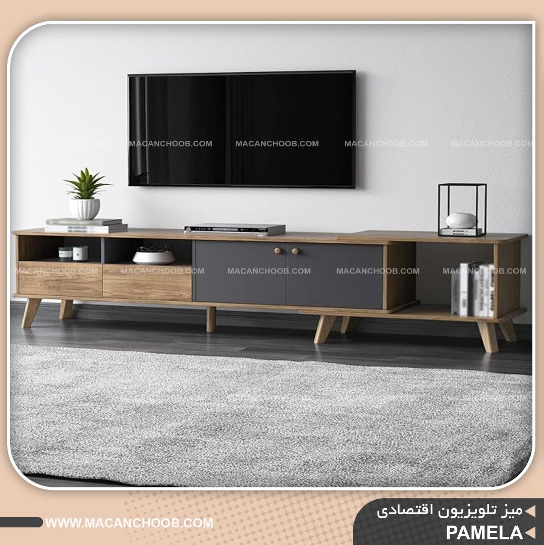 میز تلویزیون متحرک کشو دار و قفسه دار پایه مخروطی اسپرت مدل PAMELA
