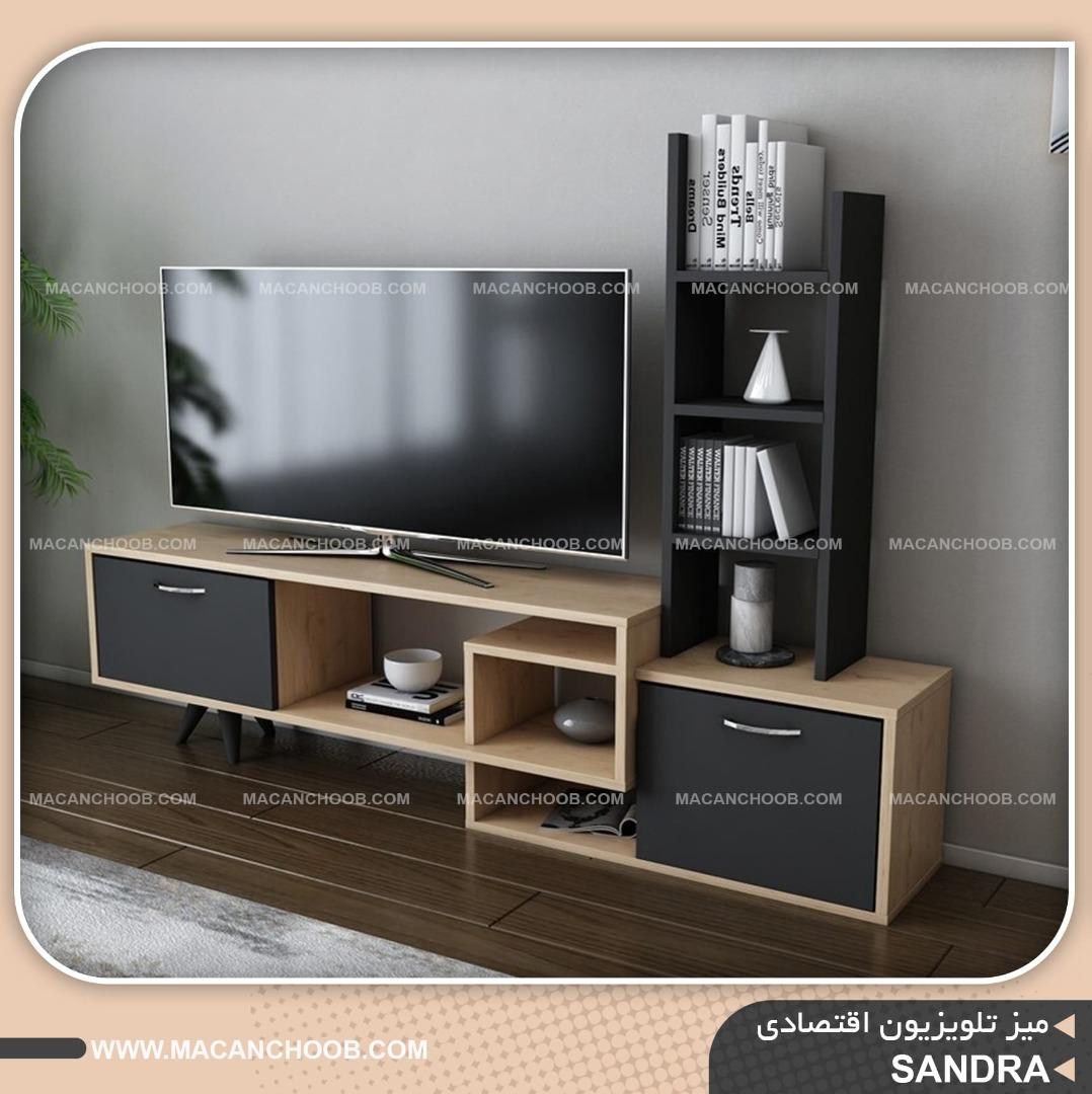 میز تلویزیون قفسه دار و کتابخانه دار پایه چوبی مدل SANDRA
