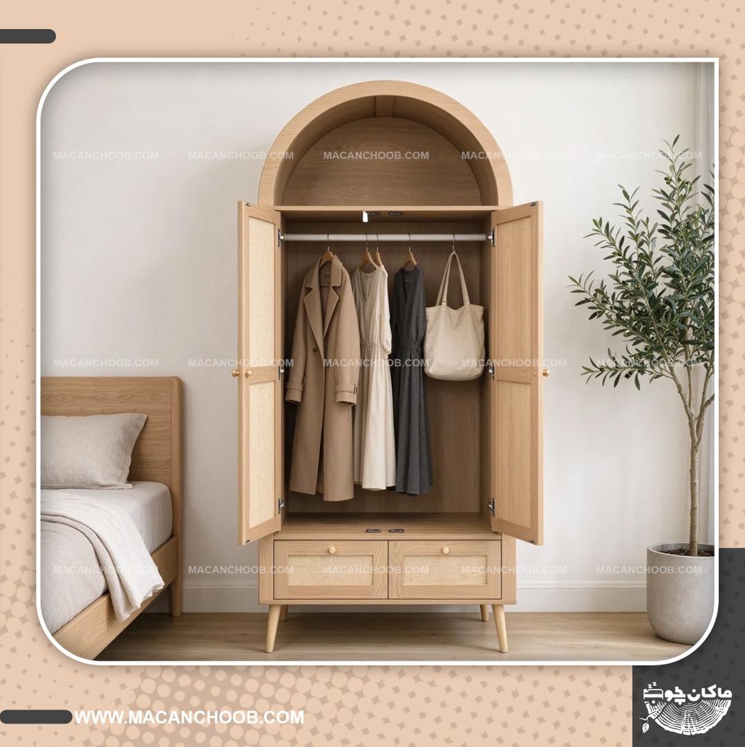 کمد لباس چوبی روستیک درب حصیر بامبو گنبدی کتابخانه دار مدل  SARINA