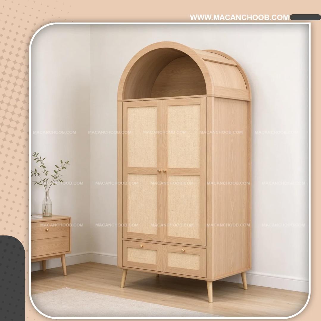 کمد لباس چوبی روستیک درب حصیر بامبو گنبدی کتابخانه دار مدل  SARINA
